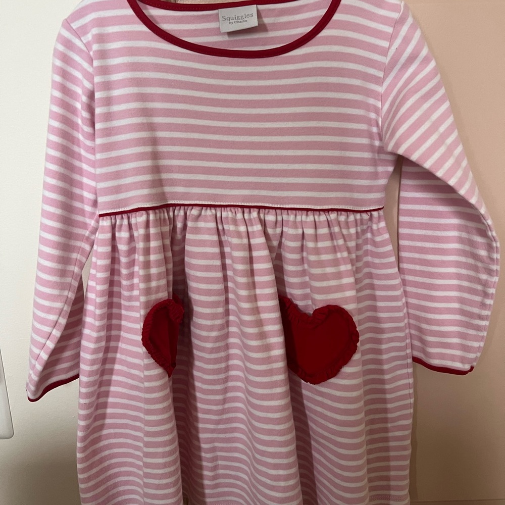 Squiggles by Charlie Pink Striped Kids Dress with Red Heart Pockets